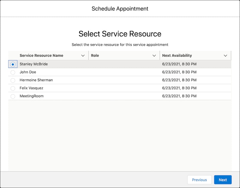 A representation of the Select Service Resource screen with the primary resource selected.