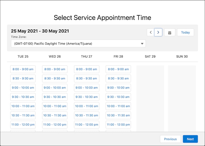 A representation of the Select Service Appointment Time screen.