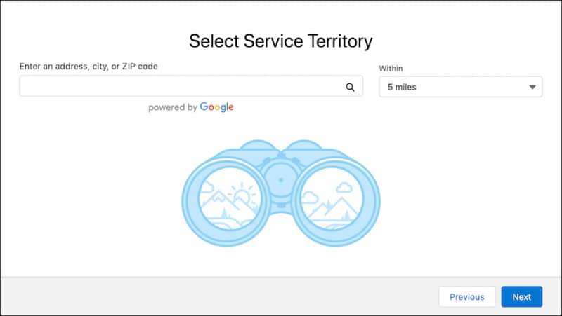 A representation of the Select Service Territory screen.