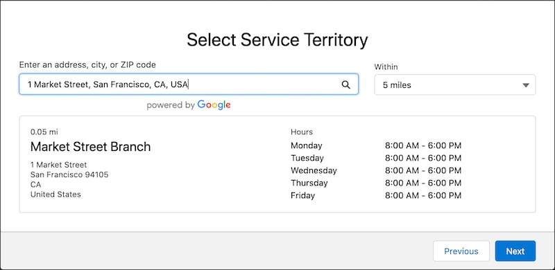 A representation of the Select Service Territory screen.