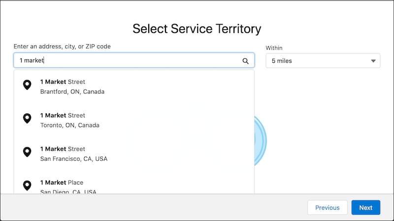 A representation of the Select Service Territory screen.