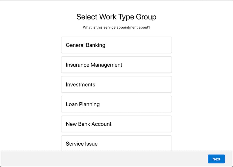 A representation of the Select Work Type Group screen.