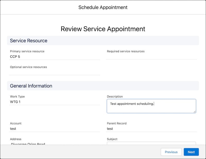 A representation of the Review Service Appointment screen.