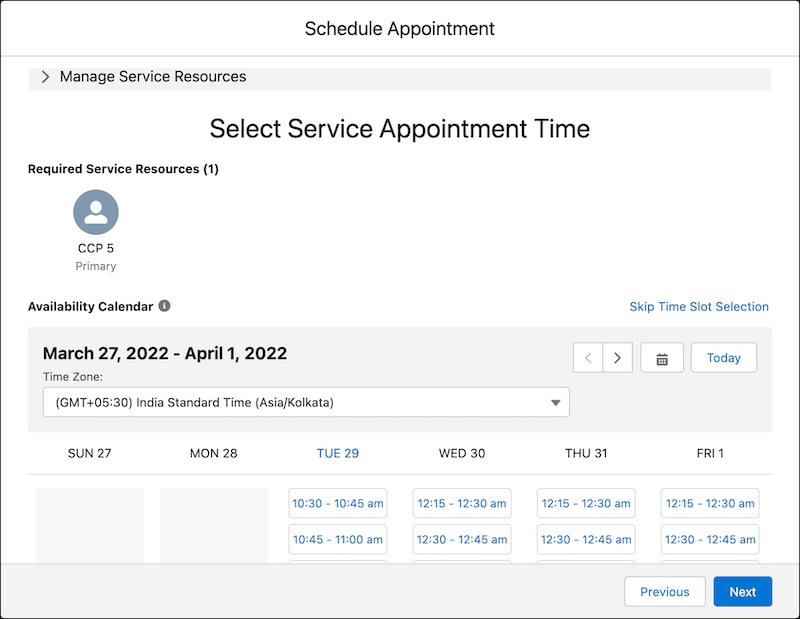 A representation of the Select Service Appointment Time screen.