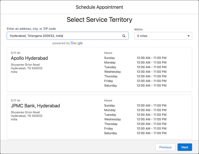 A representation of the Select Service Territory screen.