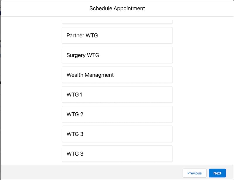 A representation of the Select Work Type Group screen.