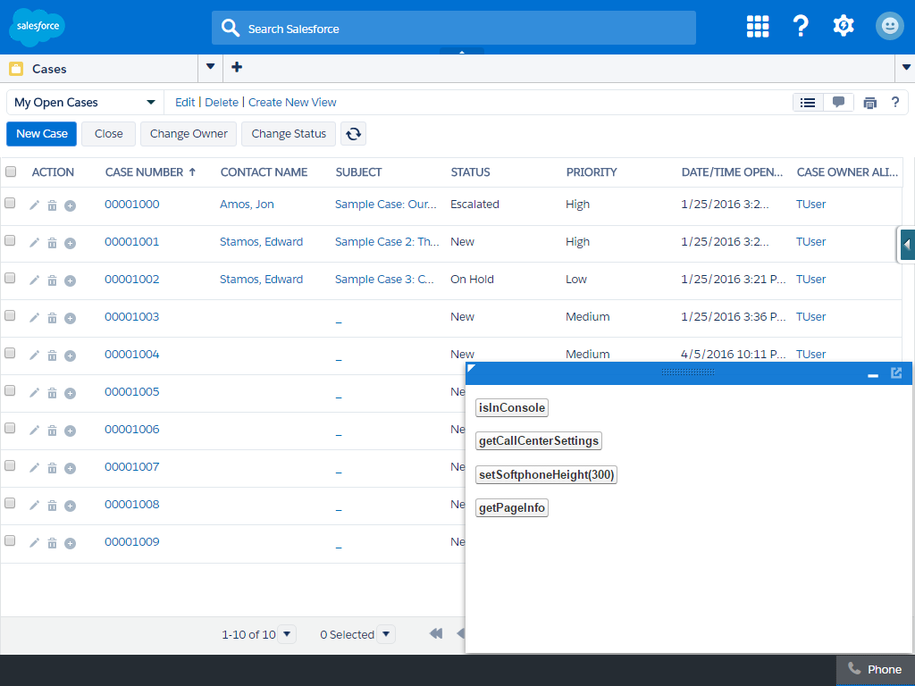 output of sample HTML page as a softphone in the Service Cloud console