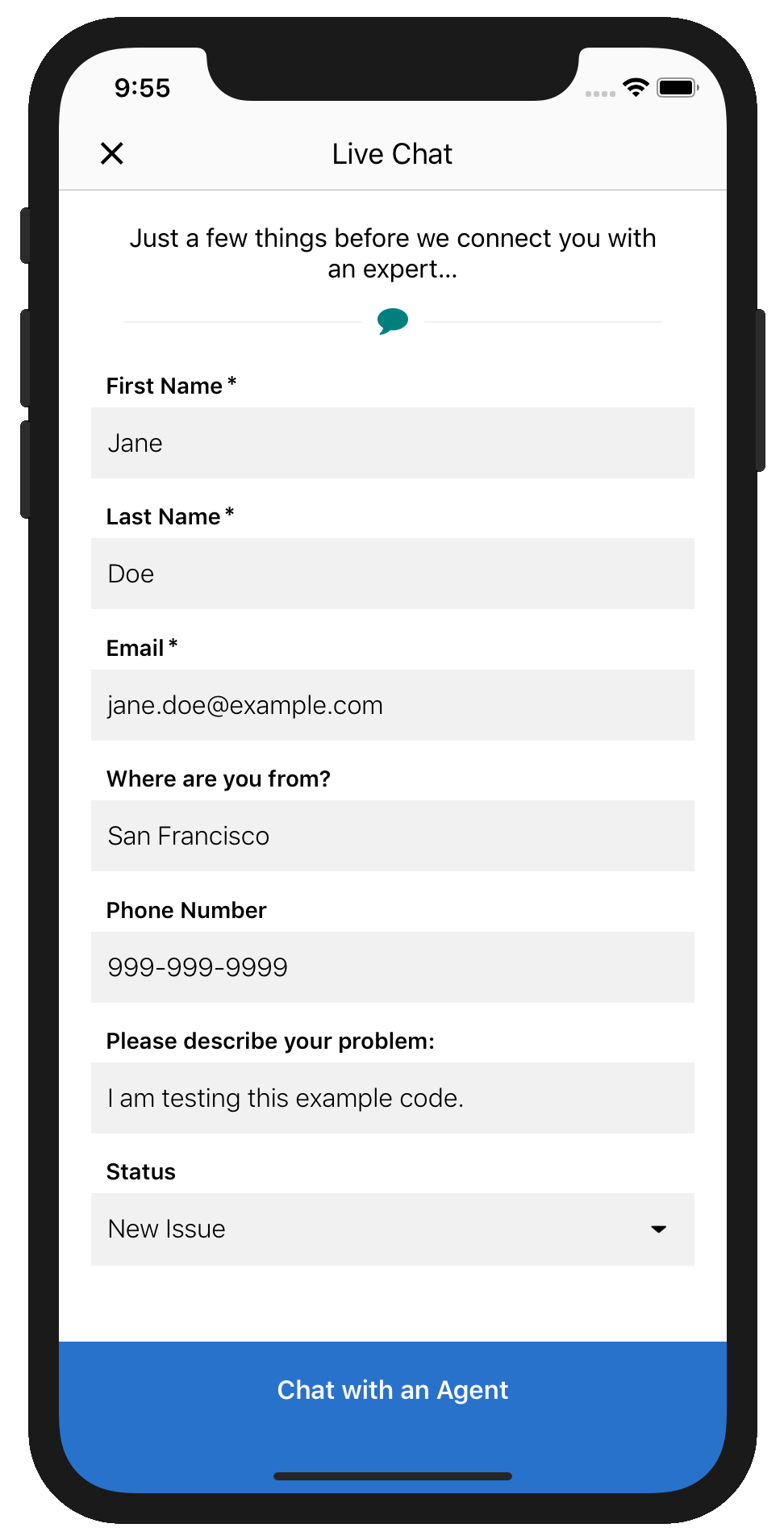 Pre-chat UI on app