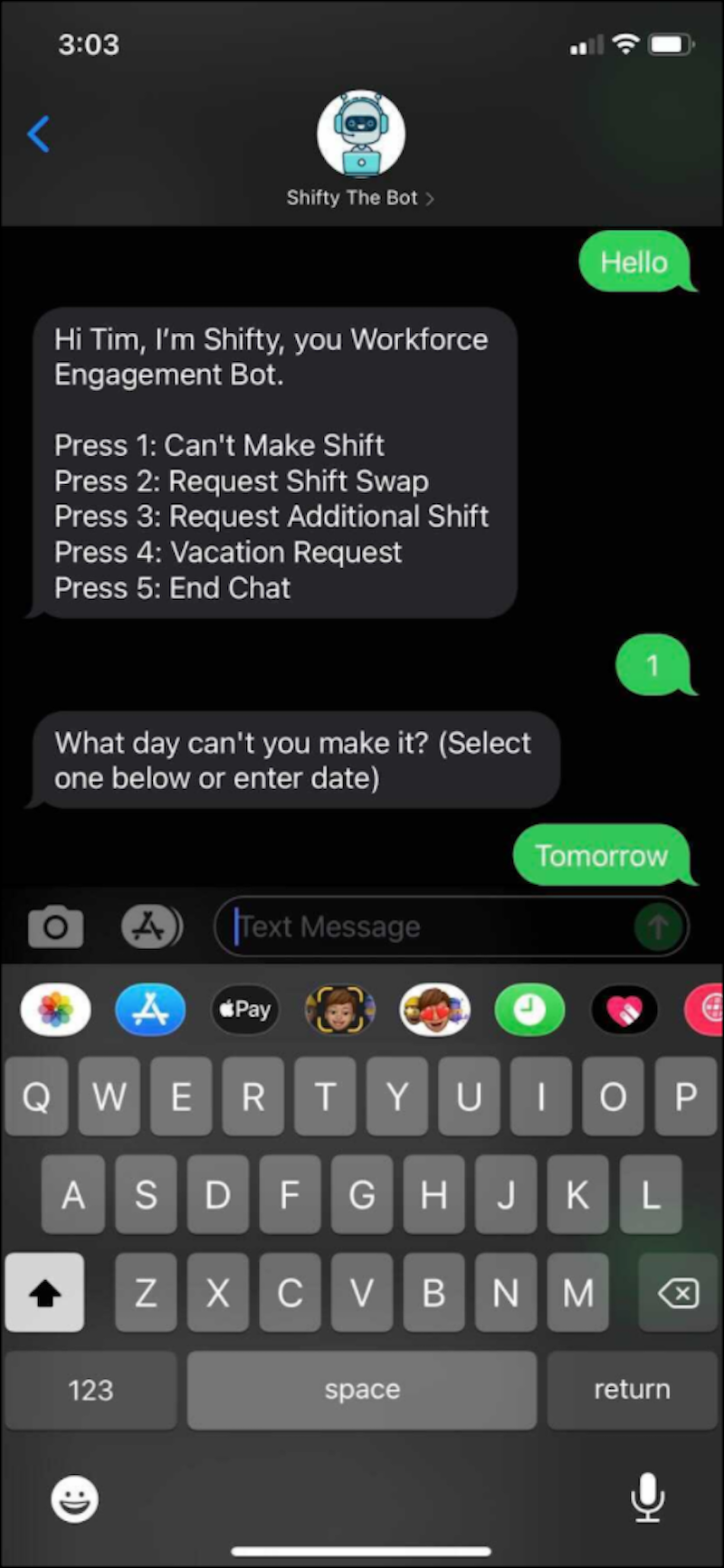 Text message example with message from Shifty the bot