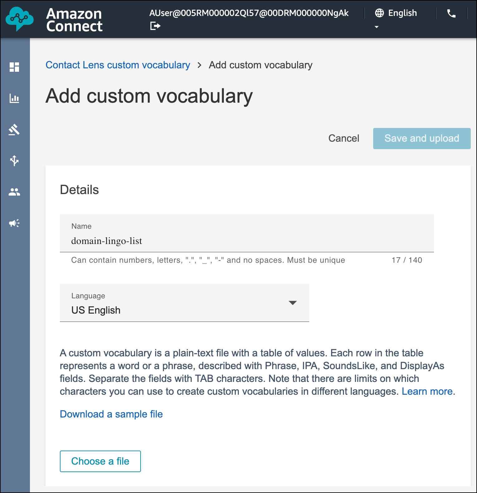 Enter the name and language of the custom vocabulary.