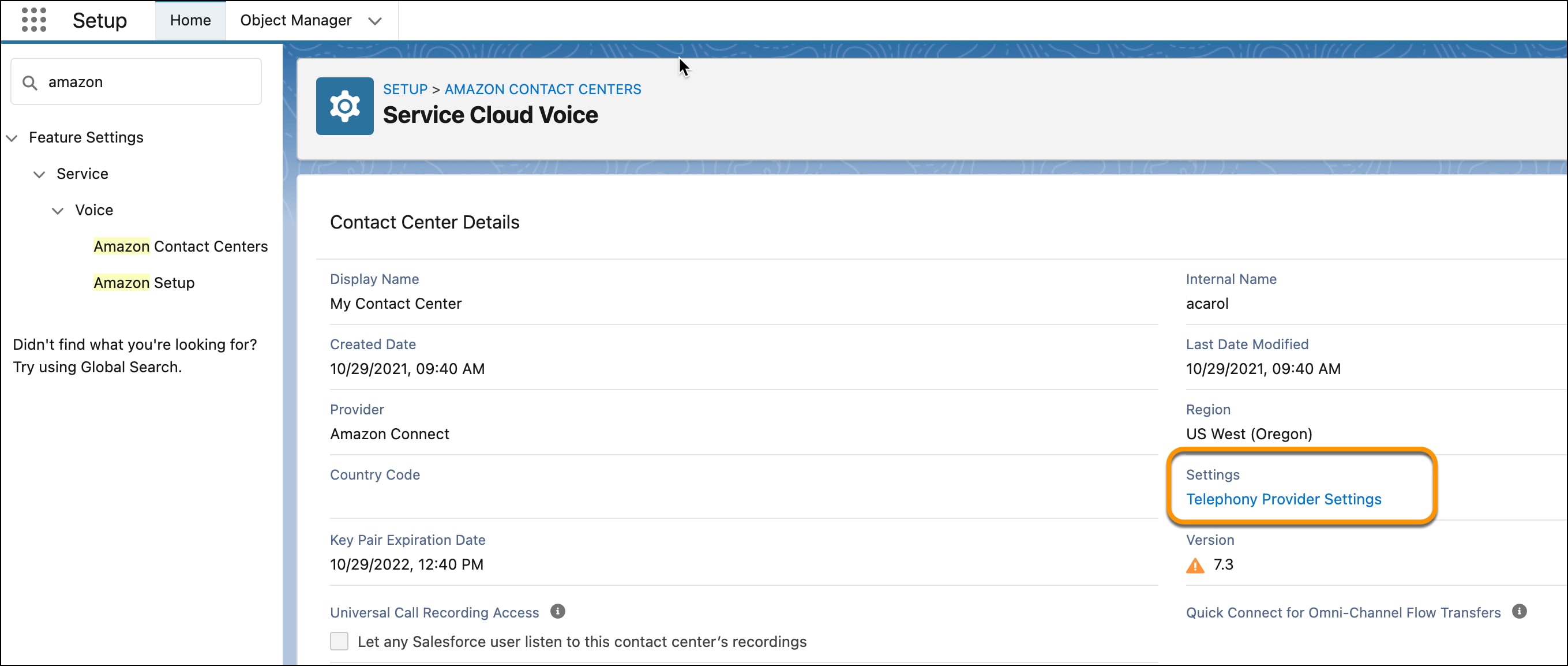 The contact center page shows the Telephony Provider Settings link.