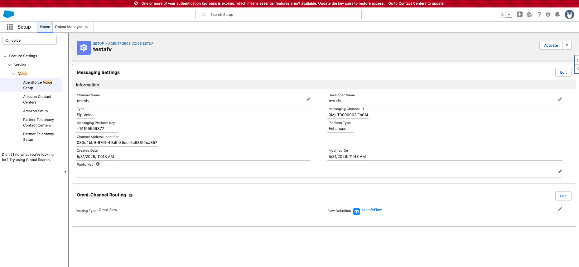 Channel detail page with the Public Key field under Messaging Settings