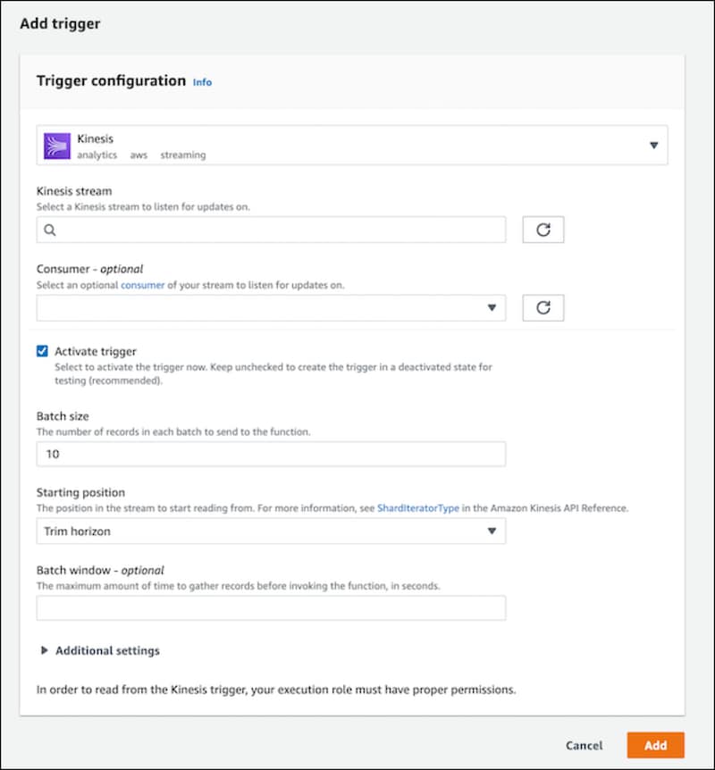 Amazon Kinesis trigger configuration