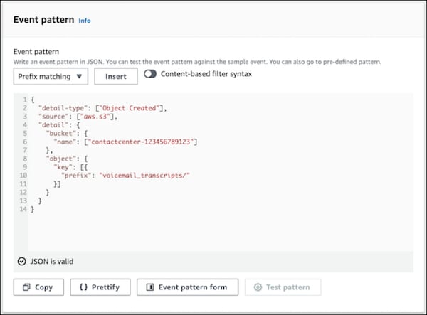 Amazon EventBridge define event pattern for VoiceMailPackagingFunction rule