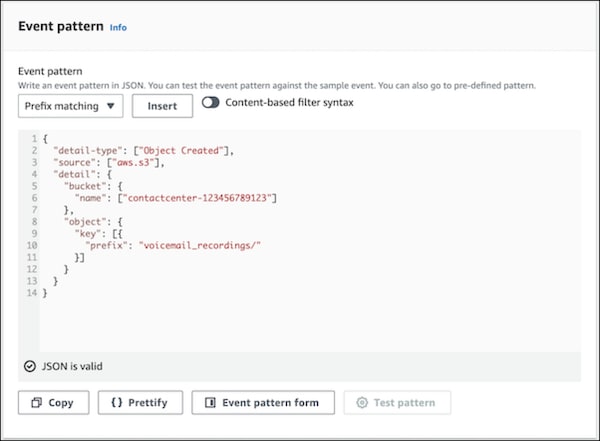 Amazon EventBridge define event pattern for VoiceMailTranscribeFunction rule