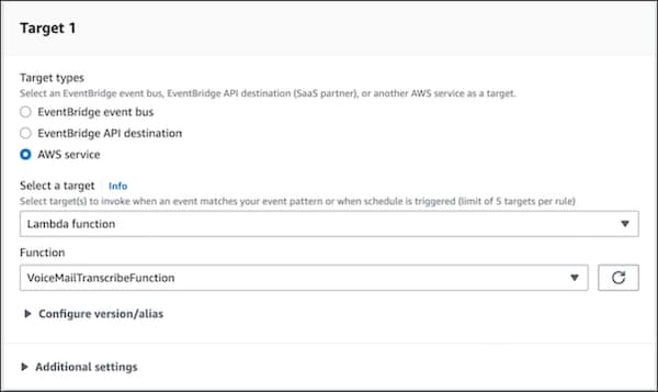 Amazon EventBridge add Lambda function to VoiceMailTranscribeFunction rule