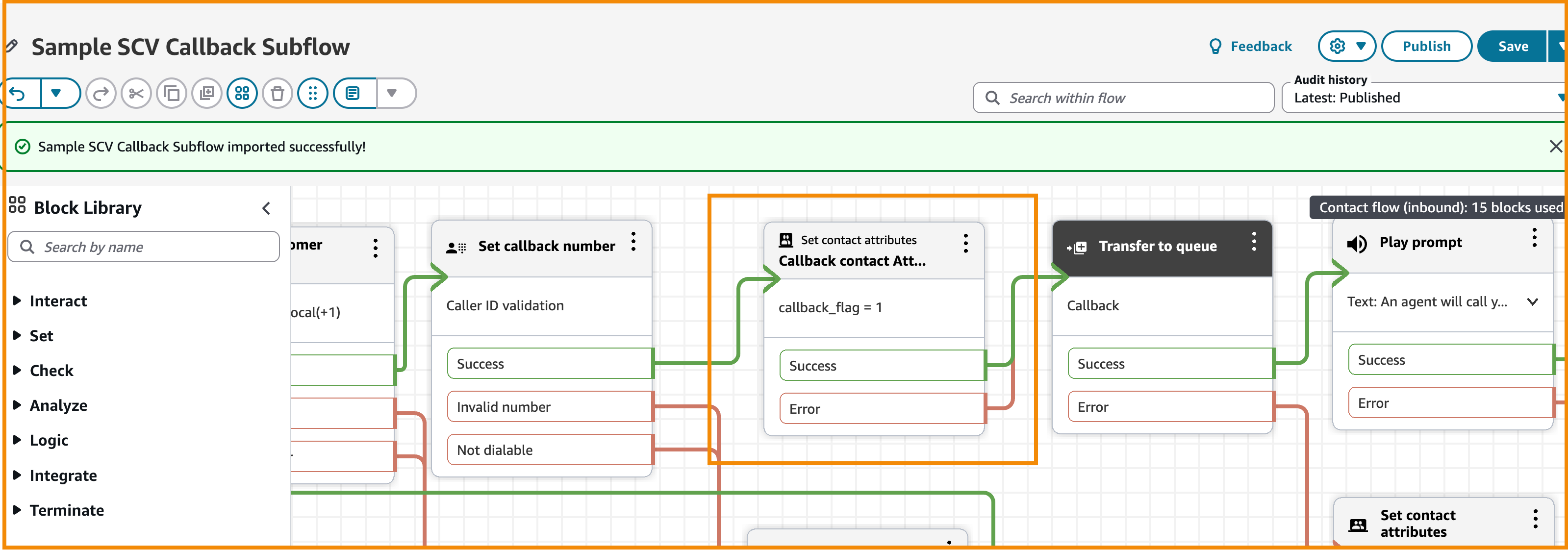 The SCV Callback subflow with the Callback Contact Attribute block