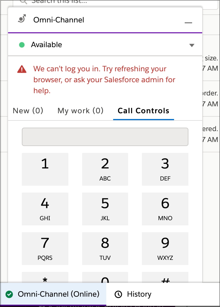 Omni phone interface with login error