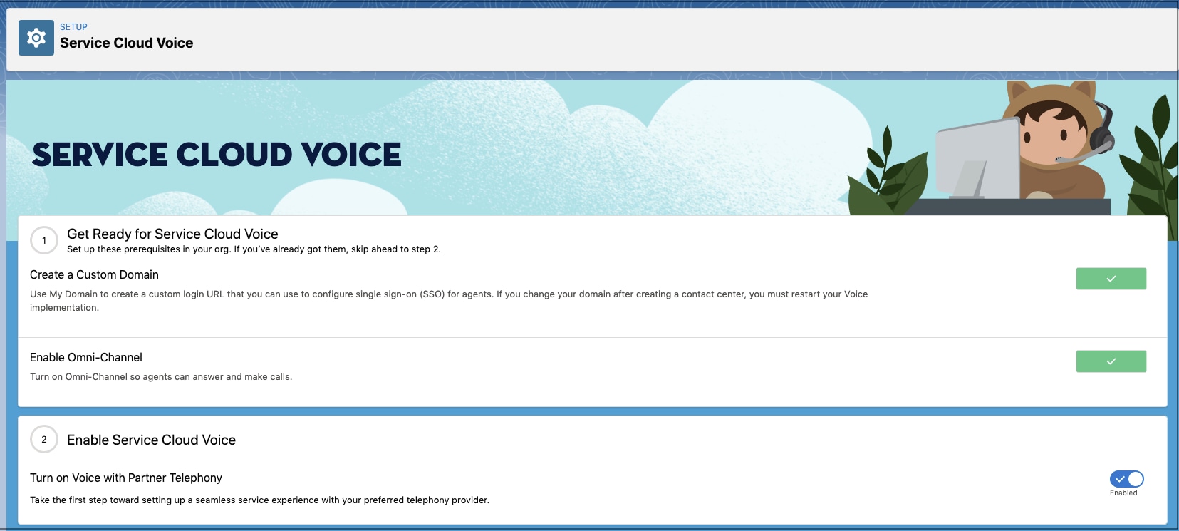 Service Cloud Voice setup page.