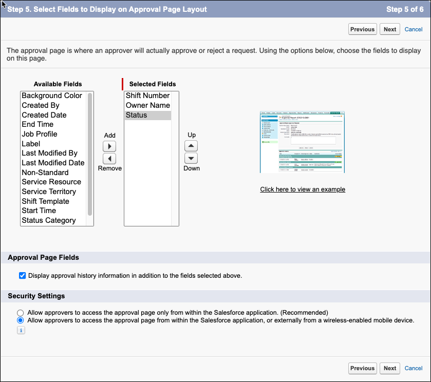 Select fields to display on approval page layout